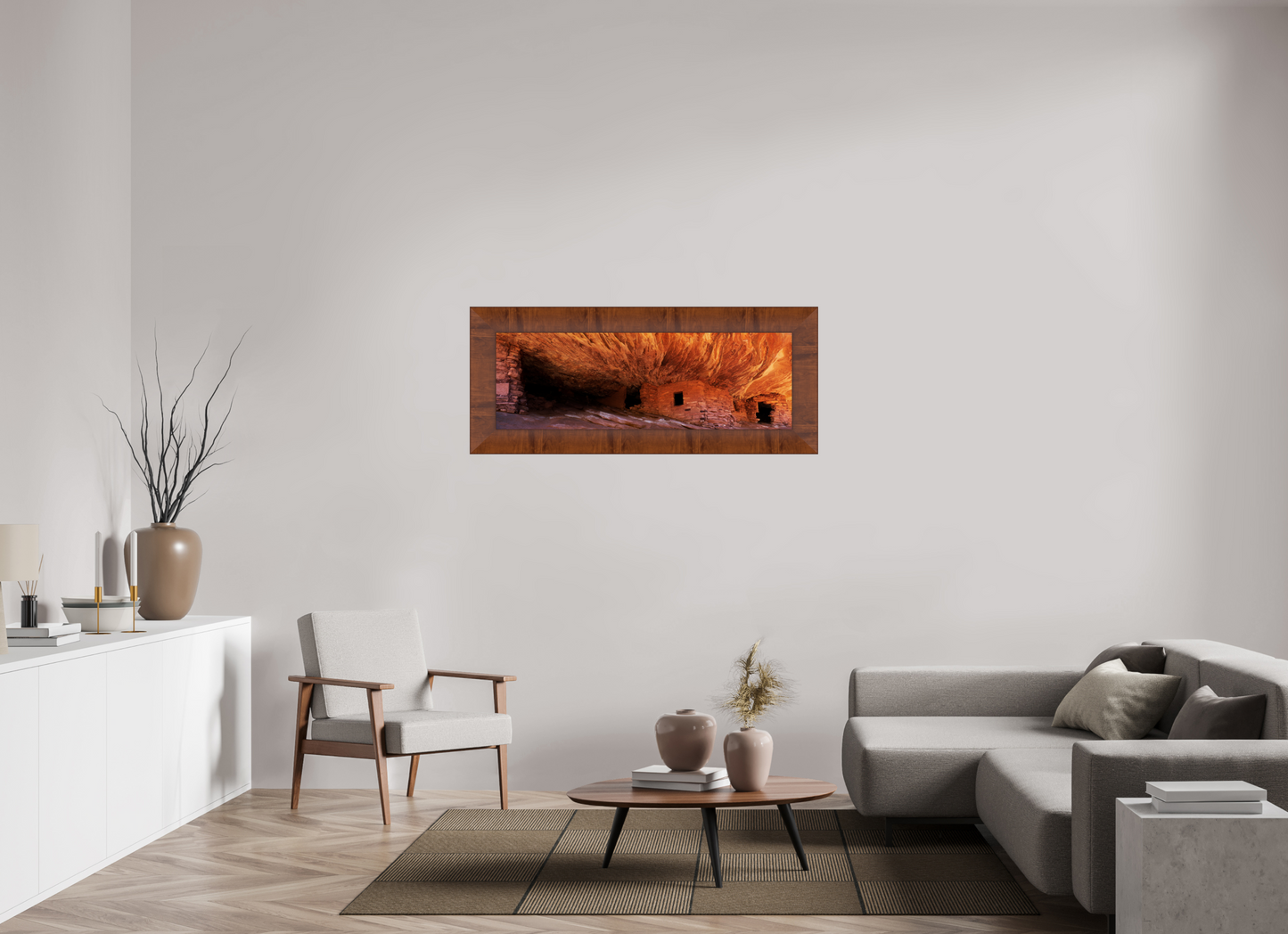 48 x 16″, FRAME - Tuscany 4.1', Walnut House on Fire